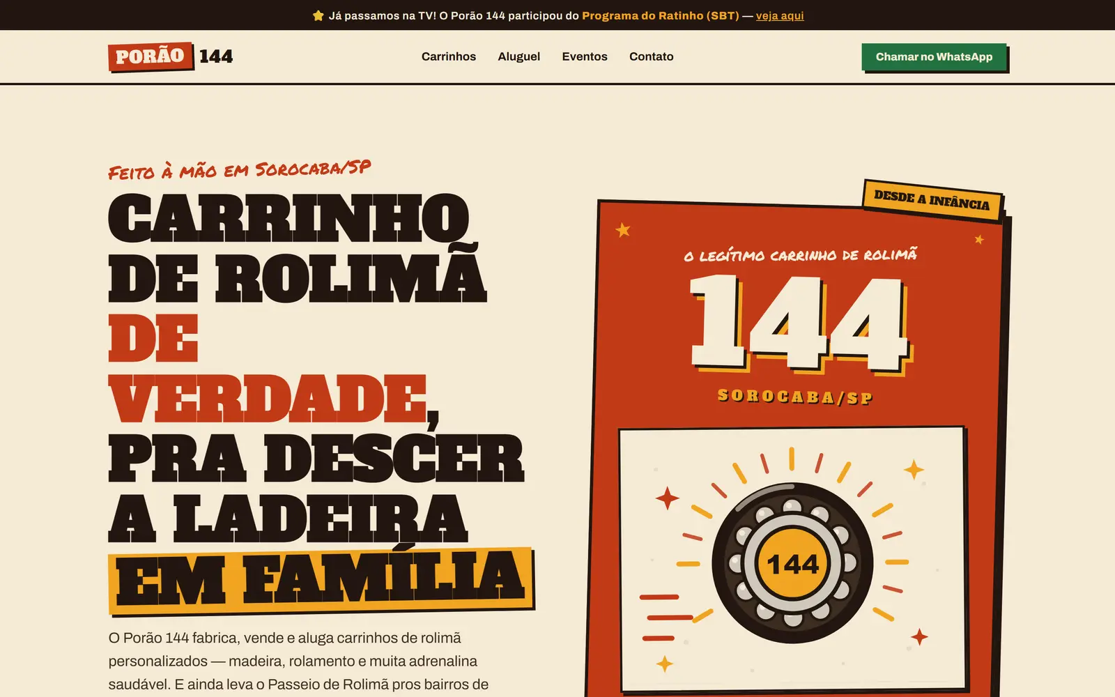 Site do Porão 144: visual retrô em creme e vermelho com o título Carrinho de rolimã de verdade